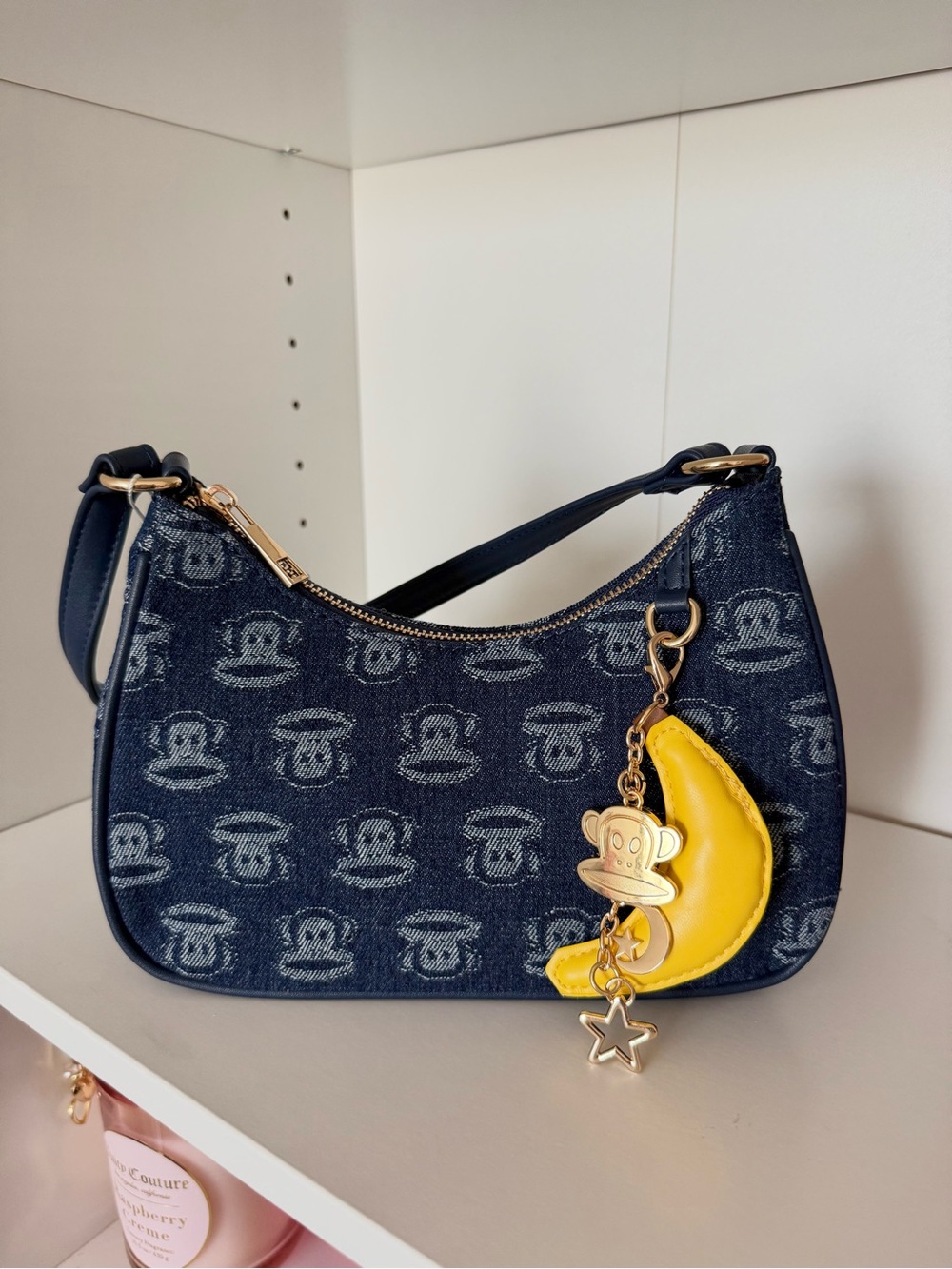 Paul Frank Navy Denim Monogram Shoulder Bag with Yellow Banana Charm